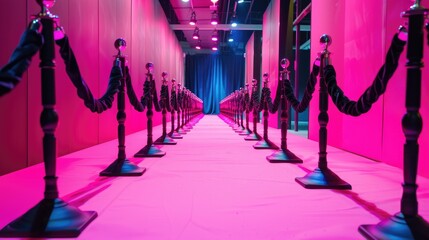 Fashion runway with a pink carpet and black velvet ropes - obrazy, fototapety, plakaty