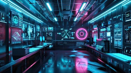 Futuristic neon-lit laboratory with advanced technology interfaces