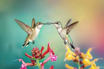 Two hummingbirds hovering over the same flower - obrazy, fototapety, plakaty