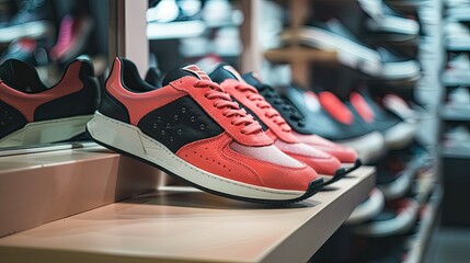Stylish pink and black sneakers on display in a shoe store - obrazy, fototapety, plakaty