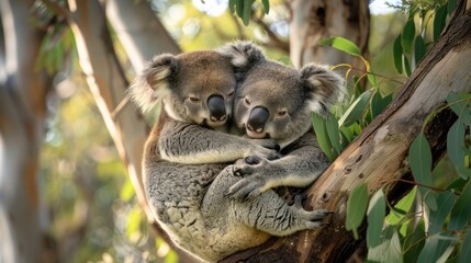 Two koalas cuddling on a eucalyptus tree