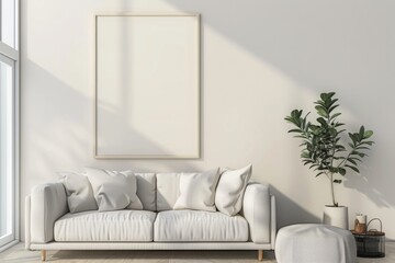 Scandinavian style living room with poster mockup created with generative ai