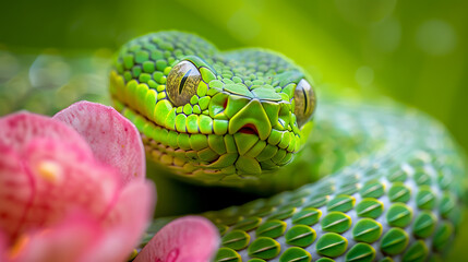 Fototapeta premium A green snake coiled with a purple blossom in foreground.
