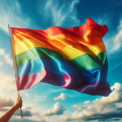 Hand holding LGBTQ waving flag	