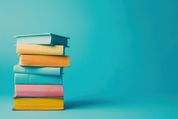 stack of books on blue background with copy space, banner design