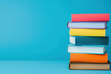 stack of books on blue background with copy space, banner design