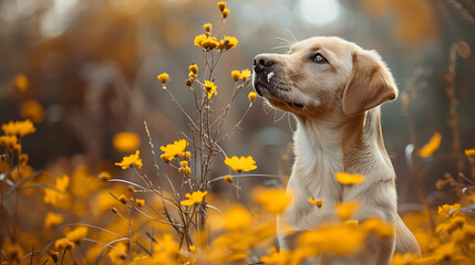 dog in a field of dandelions