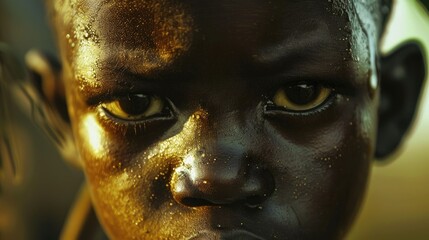 A striking close up portrait captures the essence of a young African boy outdoors evoking the stark reality of child labor and the resilience of working children