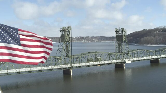 Aerial establishing Stillwater Lift Bridge over Saint Croix River in Minnesota
