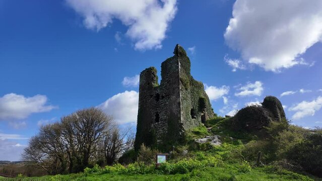 Imposing ruins of Dunhill Castle destroyed by Cromwell and never rebuilt on a spring day in Waterford Ireland
