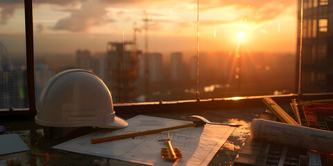 Yellow Hardhat in a building with sunset view in background, Yellow Hardhat at Construction Site