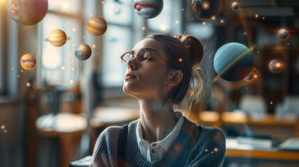 Planets orbit around the young woman in the room, resembling a miniature solar system. It's a fascinating display of cosmic wonder, with the universe seemingly revolving around her head.