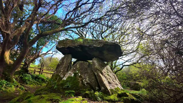 Timelapse historic Ireland Gaulstown Dolmen on a windy day trees blowing and shimmering shadows portal to the past and idilic mark on the landscape in Waterford Ireland