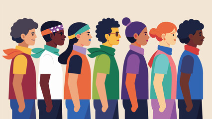 Obraz premium A line of individuals wearing colorful bandanas or flags around their necks standing shoulder to shoulder in solidarity with a minority group