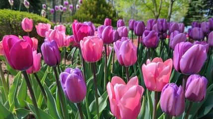 Delight in the stunning display of pink and purple tulips