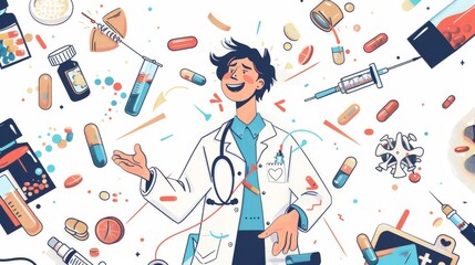 A cartoon of a doctor with a bunch of pills and syringes around him