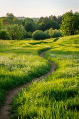 Winding dirt path through a bright green meadow in the morning