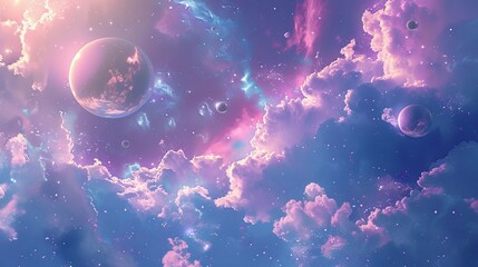 A colorful space scene with a pink and purple sky and a large pink planet