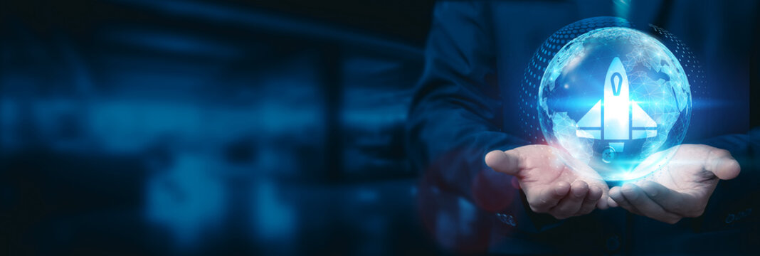 Businessman hold global aerospace innovation globe with network connected to cutting-edge technology and strategic partnerships. Business development technology.