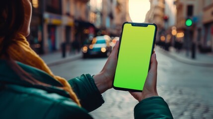 A woman is holding a green phone in a city street