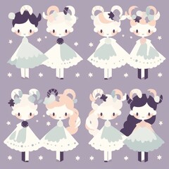 A set of four cartoon girls with horns on their heads