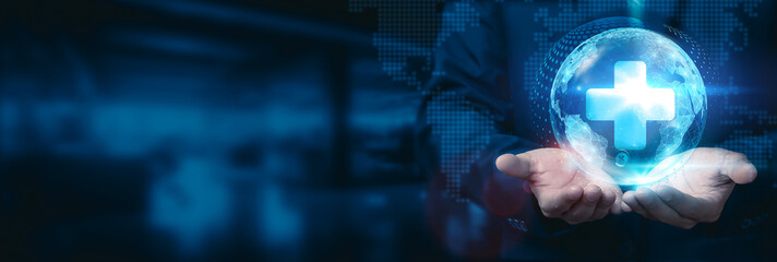 Health IT professionals hold a global health IT sphere with a network connected to healthcare institutions and technology companies. They leverage advanced health IT solutions to innovate.