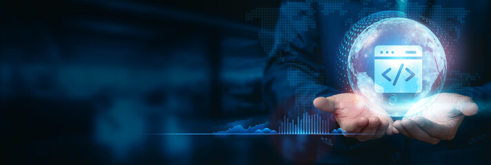 Software developers hold a global vision, wielding a digital globe with networks connected to diverse industries and markets. Through cutting-edge technology and innovative approaches.