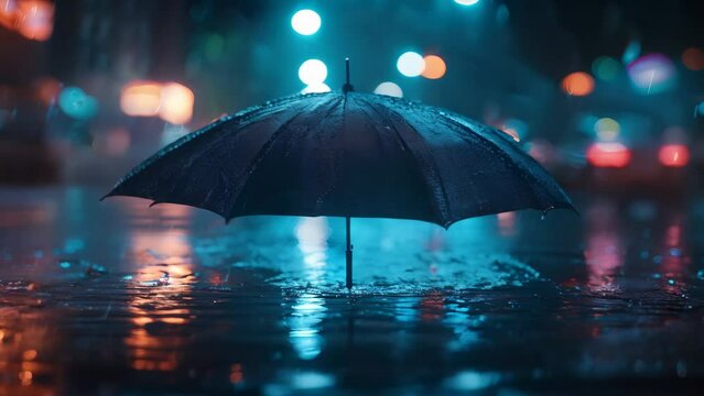 Sci-Fi Umbrella Amidst Neon Rain. Concept Cyberpunk, Futuristic, Neon Lights, Rainy Days, Sci-Fi Extravaganza