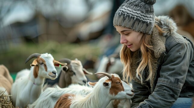 A young European woman is tending to the goats on the farm