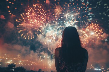 Watching fireworks on a summer night - obrazy, fototapety, plakaty