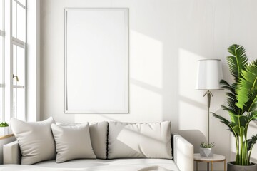 Scandinavian style living room with poster mockup created with generative ai