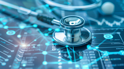 A silver stethoscope is placed on a computer screen with a blue background