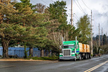Bright green classic big rig semi truck tractor with two loaded by lumber flat bed semi trailers standing on the road preparing for load transportation.