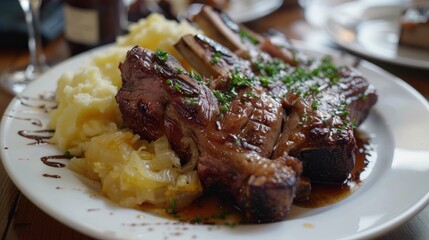 Lamb ribs with mashed potatoes on a white plate on a wooden table