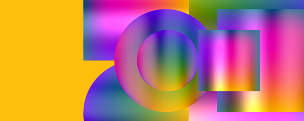 Colorful abstract background featuring circles and squares in purple, violet, magenta, and electric blue on a vibrant yellow backdrop, creating a symmetrical and artistic pattern