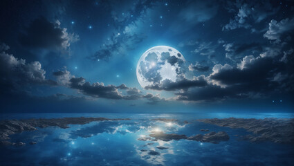 A full moon rising over a body of water with a starry sky and clouds