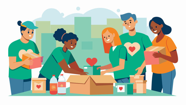 At a nonprofit organization volunteers packed boxes of supplies and sorted donations for disaster relief efforts. They worked efficiently to