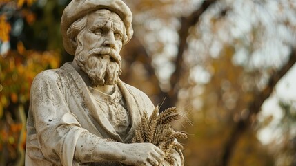 Fototapeta premium An elderly marble statue depicting a man holding bundles of wheat can be found in the park