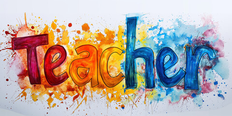 The word teacher written in watercolor splash art lettering, colorful education student creativity, celebrate learning card