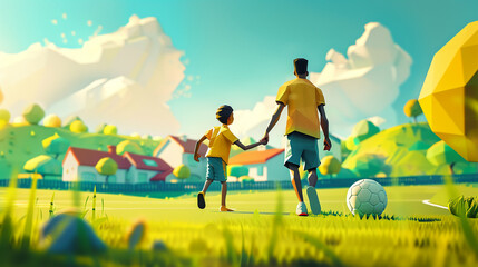 Obraz na płótnie Canvas Stylized 3D vector of a father and child playing soccer in the backyard, vibrant and action-packed