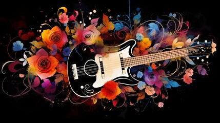 Abstract and colorful illustration of a guitar on a black background with flowers