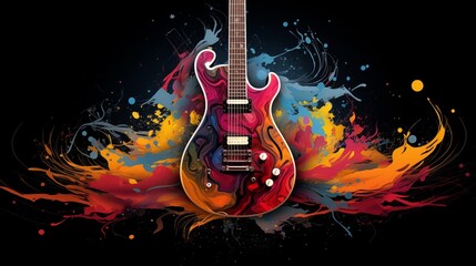 Abstract and colorful illustration of a guitar on a black background - obrazy, fototapety, plakaty