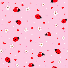 Red Lady bugs seamless pattern. love heart floral Print. good for fabric, fashion design, wallpaper, clothing, textile, wrapping paper. 