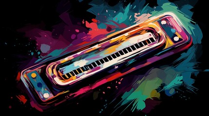 Abstract and colorful illustration of a harmonica on a black background