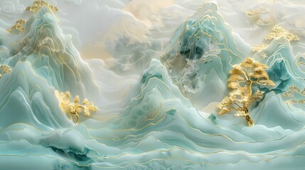 Gold inlaid jade carving mountains abstract art poster background
