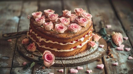 Obraz na płótnie Canvas Indulge in a heart shaped cake perfect for celebrating St Valentine s Day Mother s Day or a birthday Adorned with delicate roses and sweet pink sugar hearts this delectable treat sits beaut