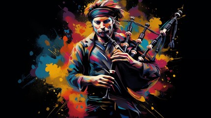 Abstract and colorful illustration of a man playing bagpipes on a black background - obrazy, fototapety, plakaty