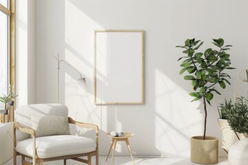 Scandinavian style living room with poster mockup created with generative ai