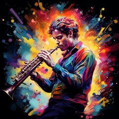 Abstract and colorful illustration of a man playing clarinet on a black background