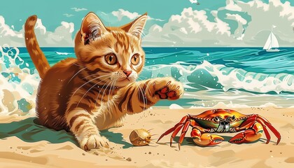 Cat chasing a crab scuttling across the sand - obrazy, fototapety, plakaty
